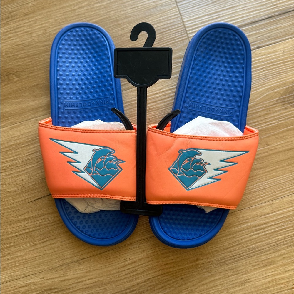 Mens Pink Dolphin Blue and Orange Slide Sandals